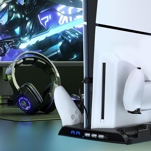 حامل تبريد نحيف SIKEMAY PS5 مع محطة شحن وحدة تحكم متوافقة مع وحدة تحكم Playstation 5 Slim، ملحق PS5 Slim متضمن. مروحة تبريد، حامل سماعات، 3 موزع USB، 8 فتحات ألعاب - أسود in Kuwait