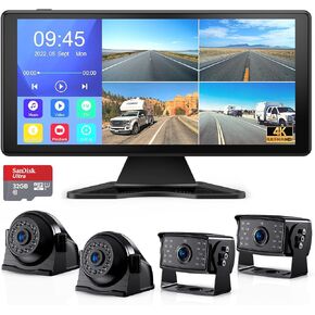 Fookoo 4K 10.36" Wired Touch Screen Backup Camera System, Quad Split Screen Front Rear Side Cameras, Playback Built-in Recording Bluetooth Video Music, Parking Lines for RV Truck Trailer