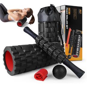 5 in1 Foam Roller Set, Trigger Point Foam Rollers, Massage Roller Stick, Massage Ball, Resistance Band for Deep Muscle Massage Pilates Yoga,Fitness Exercise for Whole Body (Black-Red) in Kuwait