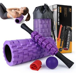 5 in1 Foam Roller Set, Trigger Point Foam Rollers, Massage Roller Stick, Massage Ball, Resistance Band for Deep Muscle Massage Pilates Yoga,Fitness Exercise for Whole Body (Black-Red)