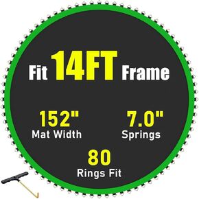 TOBWOLF 12FT/14FT W/72/80 V-Rings Round Trampoline Replacement Jumping Mat, Using 5.5"/7" Springs Trampoline Replacement Mat (Mat Dia:127"/152") Bounce Safely Premium Replacement Trampoline Mat