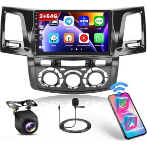 Roinvou 2+64G Android CarPlay Stereo for 2005-2014 Toyota Fortuner Hilux, Built-in Wireless CarPlay with Android Auto, 9'' Touchscreen in-Dash GPS Navigation Support Mirror Link BT FM RDS AHD