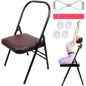 Yoga Chair Yoga Auxiliary Chair Flexibility Strength Training Tool, Foldable Yoga Chair for Balance Training, with Figure S Resistance Belt, Chair Leg Cap, No Noise, Brown in Saudi Arabia