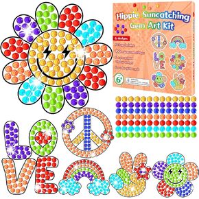 Groovy Arts and Crafts, Retro Sun Gemmers Art Crafts Boho Hippie Suncatcher Kits for Children Teenagers at 6-8, 70s Groovy Dot Art DIY Diamond Painting Coloring Kits Window Clings Stickers for Kids