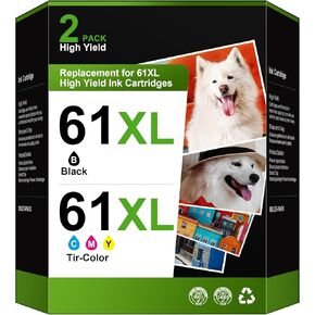 61XL Ink Cartridge Combo Pack Replacement for HP 61 Ink High Yield Use with Envy 4500 4501 4502 5530 Officejet 4630 4635 Deskjet 1000 1010 1510 2540 2541 2542 3510 Series Printer(1 Black, 1 Tri-color)