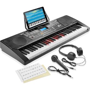 Ashthorpe 61-Key Digital Electronic Keyboard Piano with Full-Size Light Up Keys, Beginner Kit Includes Stand, Stool, Headphones, Mic and Keynote Stickers
