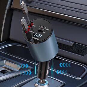 Retractable Car Charger 4 in 1, 100W Super Fast Phone Charger with Dual Retractable Cables for i Phone and Type C Compatible for i Phone 15/14/13/12 Pro Max XR,iPad,Galaxy S23/S22 and More