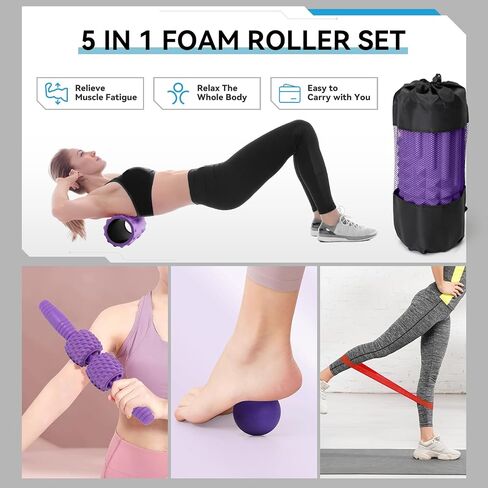 5 in 1 Foam Roller Set, Trigger Point Back Roller, Muscle Roller Stick, Massage Ball, Massage Roller, Resistance Band for Deep Tissue Massage Fitness Exercise Yoga Pilates(Purple) in Saudi Arabia