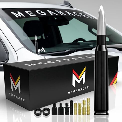 Mega Racer Black with Silver Tip 50 Cal Bullet Style Antenna for Trucks, Cars & SUVs - 5.5" Universal Fit, AM/FM Radio, 6061 Solid Aluminum, Anti-Theft Design, Car Wash Safe, Antenna Replacement, 1 Pc in Saudi Arabia