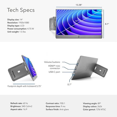 SideTrak Swivel 14" Patented Attachable Portable Monitor for Laptop | FHD TFT USB Laptop Dual Screen | Mac, PC & Chrome Compatible | Fits All Laptops | Powered by USB-C or Mini HDMI (Dark Gray) in Kuwait