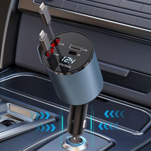 Retractable Car Charger 4 in 1, 100W Super Fast Phone Charger with Dual Retractable Cables for i Phone and Type C Compatible for i Phone 15/14/13/12 Pro Max XR,iPad,Galaxy S23/S22 and More in Kuwait