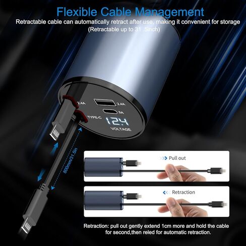 Retractable Car Charger 4 in 1, 100W Super Fast Phone Charger with Dual Retractable Cables for i Phone and Type C Compatible for i Phone 15/14/13/12 Pro Max XR,iPad,Galaxy S23/S22 and More in Kuwait