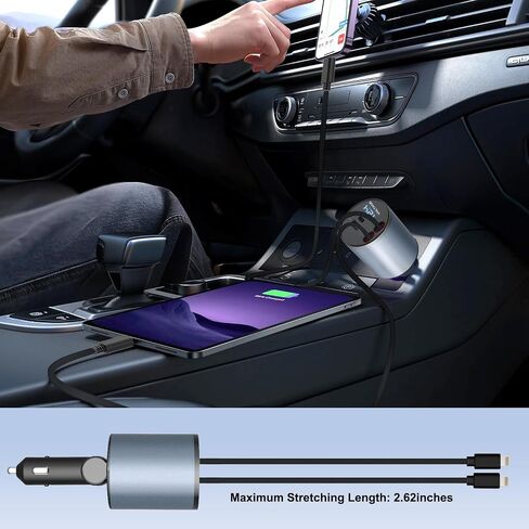 Retractable Car Charger 4 in 1, 100W Super Fast Phone Charger with Dual Retractable Cables for i Phone and Type C Compatible for i Phone 15/14/13/12 Pro Max XR,iPad,Galaxy S23/S22 and More in Kuwait