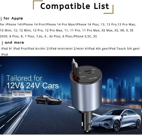 Retractable Car Charger 4 in 1, 100W Super Fast Phone Charger with Dual Retractable Cables for i Phone and Type C Compatible for i Phone 15/14/13/12 Pro Max XR,iPad,Galaxy S23/S22 and More in Kuwait