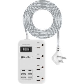6 USB (2 USB C) قطاع طاقة واقي من زيادة التيار - شريط طاقة للسفر بطول 5 أقدام مع محطة شحن USB 4.8 أمبير و4 منافذ، سلك تمديد مضفر مسطح رفيع للغاية 13 أمبير مع حامل حائط للسفر والسكن في المكاتب
