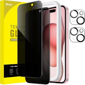 JETech Privacy Screen Protector for iPhone 15 Pro Max 6.7-Inch with Camera Lens Protector, Anti-Spy Tempered Glass Film, Easy Installation Tool, 2-Pack Each