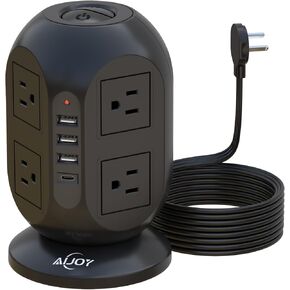 Surge Protector Power Strip Tower with 8 Outlets 4 USB Ports(1 USB C), AiJoy 10 FT Flat Plug Long Extension Cord with Multiple Outlets for Office Supplies, Dorm Essentials, Black