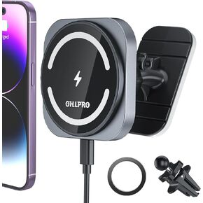 OHLPRO Magnetic Car Wireless Charger for MagSafe Car Mount iPhone 15/14/13/12 Series,Phone Holder Adjustable Telescoping Arm [Military-Grade Suction & Stable Clip] Car Dashboard Windshield Vent