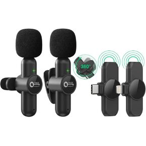 Wireless Lavalier Microphones for iPhone ipad Android, (2 Mics with 2 Receivers) 2.4Hz Plug-Play Reverberation,Auto-Sync Lapel Microphone for Facebook, YouTube,TikTok,Video Recording,Vloggers