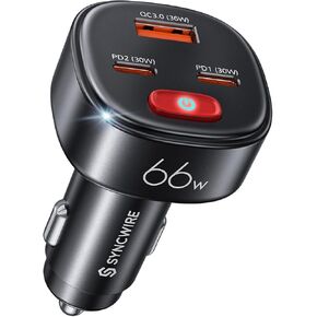 Syncwire USB C Car Charger with [Battery Leakage Prevention] 66W Super Fast Car Adapter with PD & QC 3.0 Built in 6FT Type C Coiled Cable for iPhone 15 Series, Samsung Galaxy/Google Pixel/iPad Pro