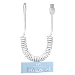 Coiled iPhone Lightning Cable with Apple Carplay, Retractable iPhone Car Charger Cord [MFI Certified] with Data Sync and LED, Short iPhone Charger Cord for iPhone/Pad/Pod, White