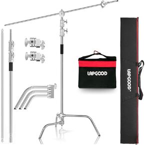 Lapgood 100% Stainless Steel Heavy Duty C Stand with Boom Arm - Max Height 10.8ft/330cm Photography Light Stand with 4.2ft/127cm Holding Arm, 2 Grip Head for Studio Monolight, Softbox, Reflector