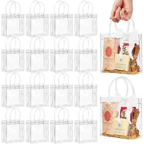 Jutieuo 16 Pack Clear Plastic Gift Bags with Handle, Reusable Transparent PVC Gift Wrap Tote Bags with Ribbons for Wedding, Baby Shower, Birthday Party Favor Bags (6.3x5.9x2.76 inch)