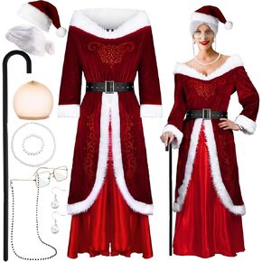 Croknit Women's Mrs. Claus Santa Costume, 10 Pieces Women's Mrs. Claus Deluxe Adult Women's Deluxe Costume Clothing Cosplay Suit for Christmas, Medium
