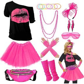 RonFoxi Plus Size 80s Outfit for Women, Eighties Outfits Pink Tutu Skirt Legwarmers for Hallowmas Paty(Rose Red-2XL)