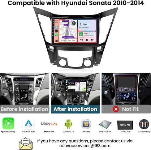 Roinvou 2+32G Android CarPlay Stereo لـ 2010-2014 Hyundai Sonata، شاشة تعمل باللمس مقاس 9 بوصات داخل لوحة القيادة ونظام تحديد المواقع العالمي (GPS) مع CarPlay لاسلكي مدمج يدعم Android Auto Mirror Link BT RDS AHD DSP in Kuwait