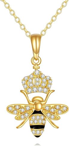 DOVRAN 14K Solid Yellow Gold Bee Necklace Jewelry for Women Queen Bee Pendant Honeycomb Crown Birthday Gift for Her Wife in Kuwait
