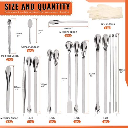 23Pcs Stainless Steel Lab Spatula Micro Scoop Set Including 22pcs 7cm 16cm 18cm 20cm 22cm Laboratory Tiny Mixing Spatula Scoop Measuring Spoon Long Sampling Spoon with 1Pair Gloves in Kuwait