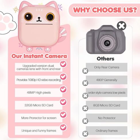 Instant Print Camera for Kids,Upgraded 2.4 Inch Screen Instant Kids Digital Camera Toys with 32GB 1080P Video Recorder with 3 Paper Rolls,Birthday Xmas Gift for 3-14 Year Old Girls Boys in Saudi Arabia