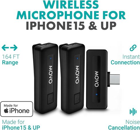 Movo Wireless Mini USB-C Wireless Microphone for iPhone 15 - iPhone 15 Microphone Compatible with iPhone 15 Pro Max - 10HR Battery Life, 164ft Range in Kuwait