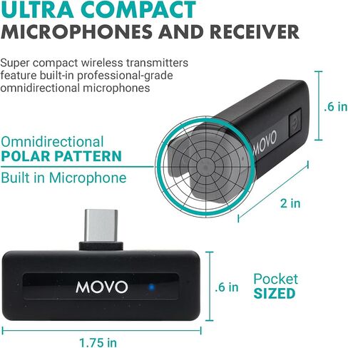 Movo Wireless Mini USB-C Wireless Microphone for iPhone 15 - iPhone 15 Microphone Compatible with iPhone 15 Pro Max - 10HR Battery Life, 164ft Range in Kuwait