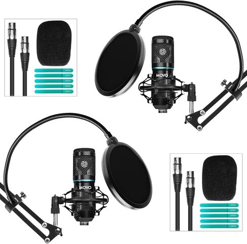 Movo PodPak4A 4-Pack Universal XLR Condenser Microphone Podcast Equipment Bundle for 4 - Includes Cardioid Mics, Desk Mount Stands, Shock Mounts, Pop Filters, and Audio Cables - Podcasting, YouTube in Kuwait