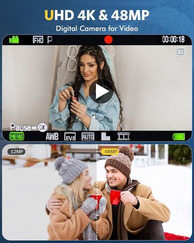 كاميرا رقمية FHD 4K 48MP كاميرا تسجيل فيديو مع ضبط تلقائي للصورة كاميرا مزدوجة 16X تكبير رقمي مع بطاقة 32 جيجابايت كاميرات رقمية صغيرة للصور كاميرا سفر مدمجة محمولة للأطفال الأولاد والبنات والمراهقين، أبيض in Kuwait