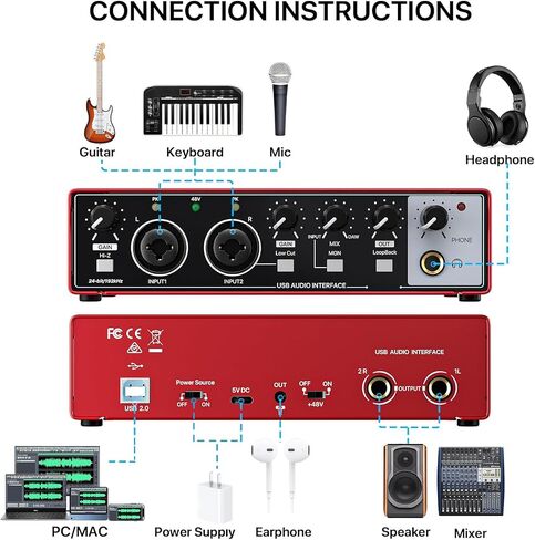 USB Audio Interface for PC Computer Recording Music, Red 2x2 Guitar Audio Interface for Mac 24Bit/192kHz Podcasting Streaming for Vocalist Producer with 48V Phantom Power in Kuwait