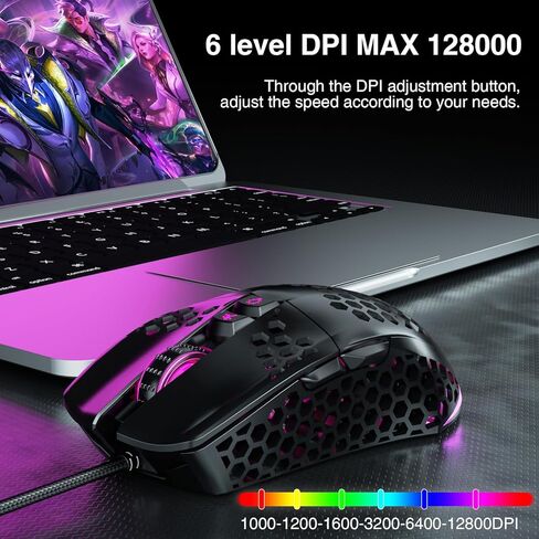 SOLAKAKA RGB ماوس ألعاب سلكي مع غطاء على شكل قرص العسل، قابل للتعديل 12800 نقطة في البوصة، 7 أزرار قابلة للبرمجة، ماوس ألعاب خفيف الوزن مريح لألعاب الكمبيوتر التي تعمل بنظام التشغيل Windows/PC/Mac/الكمبيوتر المحمول in Kuwait