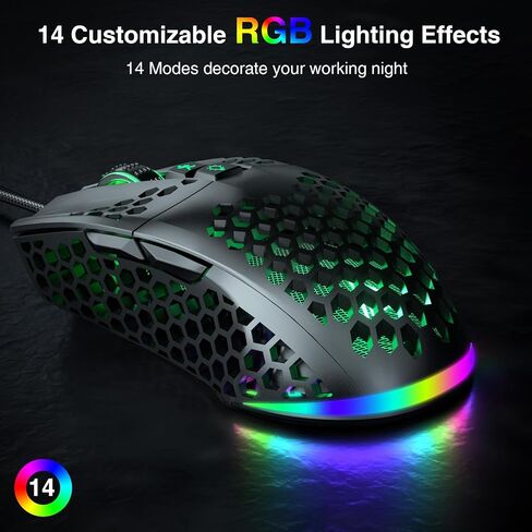 SOLAKAKA RGB ماوس ألعاب سلكي مع غطاء على شكل قرص العسل، قابل للتعديل 12800 نقطة في البوصة، 7 أزرار قابلة للبرمجة، ماوس ألعاب خفيف الوزن مريح لألعاب الكمبيوتر التي تعمل بنظام التشغيل Windows/PC/Mac/الكمبيوتر المحمول in Kuwait