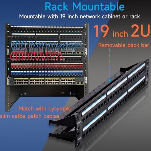 Lysymixs 48 منفذ RJ45 لوحة التصحيح Cat6 تغذية من خلال، لوحة تصحيح الشبكة المقرنة 19 بوصة، لوحة التصحيح Keystone Ethernet المضمنة مع شريط خلفي in Kuwait