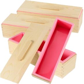 MAHIONG 3PCS 47oz Pink Silicone Soap Molds Kit, Rectangular Silicone Loaf Soap Making Molds with 3 Wooden Boxes and 3 Lids, DIY Supplies for Soap Making