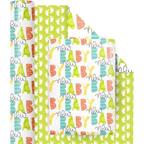 RUSPEPA Reversible Wrapping Paper Roll - Mini Roll - Baby and Footprint Pattern Great for Baby Shower, Birthday, Party - 17.5 Inches X 32.8 Feet