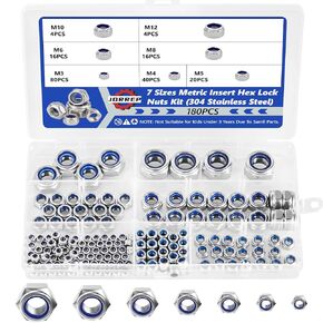 180Pcs Locknuts, Hex Lock Nuts, 304 Stainless Steel Metric Nylon Insert Lock Nuts Sets, 7 Size - M3 M4 M5 M6 M8 M10 M12 Standard Thread Nylon Insert Lock Nuts for Bolt for Industrial & Home Use