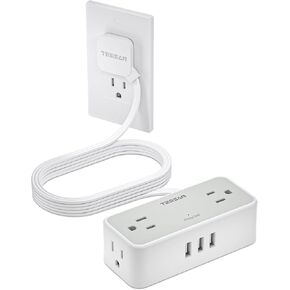 5FT Flat Extension Cord, TESSAN Surge Protector Power Strip with 4 Widely Spaced AC Outlets, 900 Joules Surge Protection, Ultra-Thin Flat Plug Desk Charging Station for Home Office Dorm Essentials