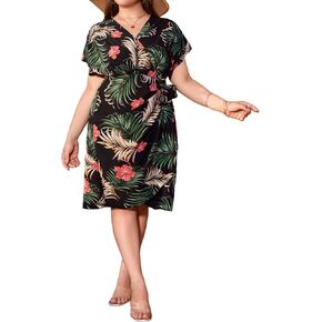 SOLY HUX Women's Plus Size Leaf Print Dress V Neck Wrap Tie Side Short Sleeve Boho Short Dresses