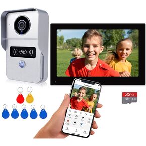 WiFi Video Doorbell with Chime, Wireless Video Intercom, Direct to Wi-Fi or PoE, Video Doorbell Camera 32G SD Card, No Monthly Fee, Tuya APP ID Card Unlock, 2-Way Audio, Wired Power, Black