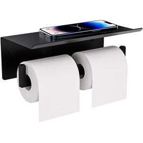 Double Toilet Paper Holder with Shelf, FreshGlow Tissue Holder Matte Black, Wall Mount Commercial Toilet Paper Dispenser Phone Shelf Stainless Steel, Tissue Roll for Bathroom