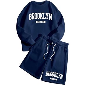 SweatyRocks Men's Two Piece Outfits Letter Print Long Sleeve Crewneck Sweatshirt and Shorts Set