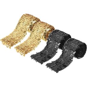MECCANIXITY 2 Pack 2.2 Yards 3 Inch Elastic Sequins Trim 5 Row Flat Sequin Strip Paillette Sequins Fabric Ribbon for Crafts DIY Sequin Fringe Sewing Gold Silver